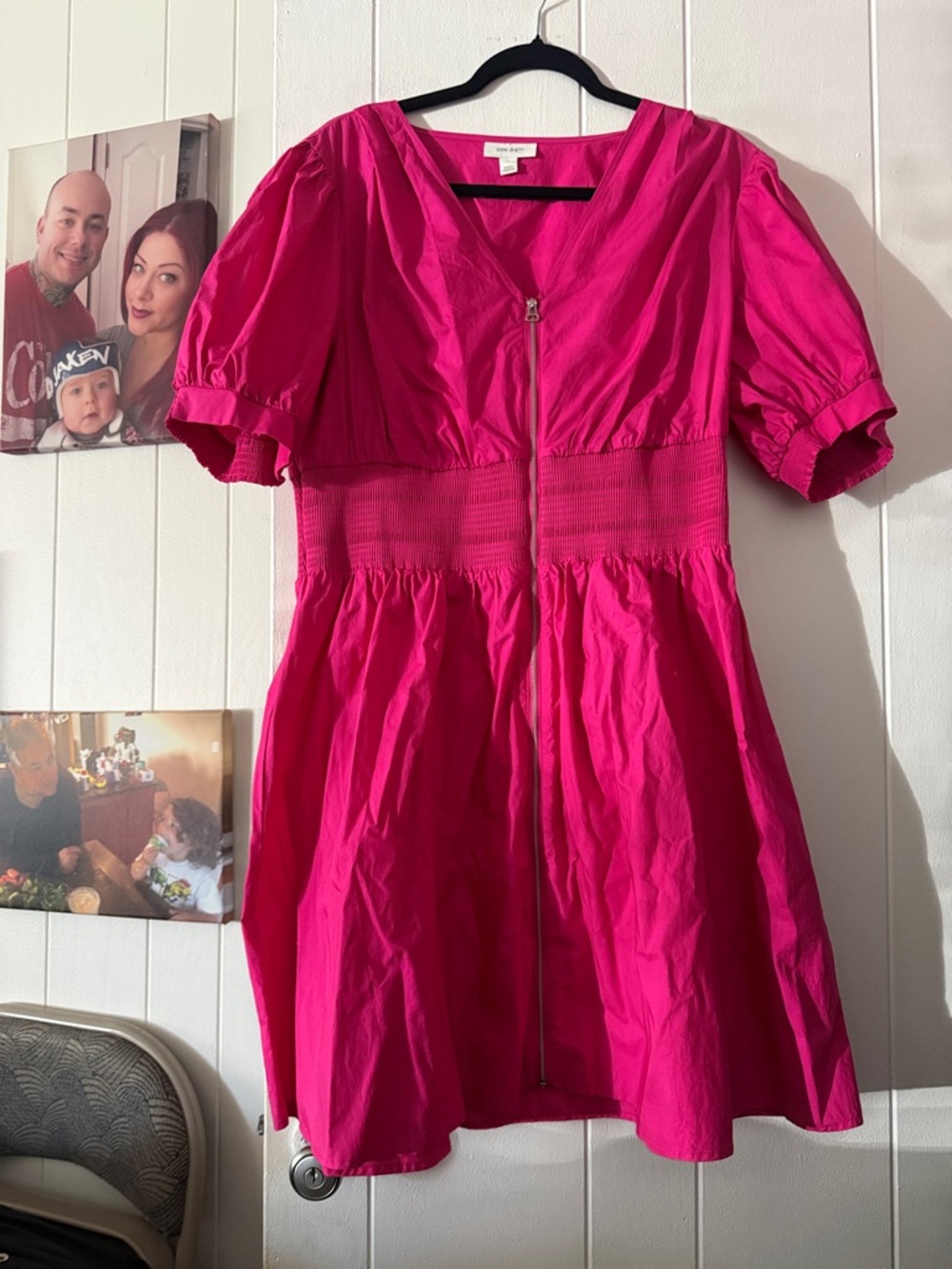 Women's Puff-Sleeve Zip-Front Casual Dress in Fuchsia